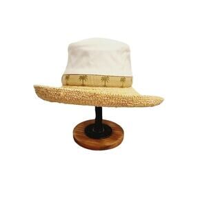 Scala Canvas & Straw Sun Hat Palm Tree Cream Tan One Size Beach Summer